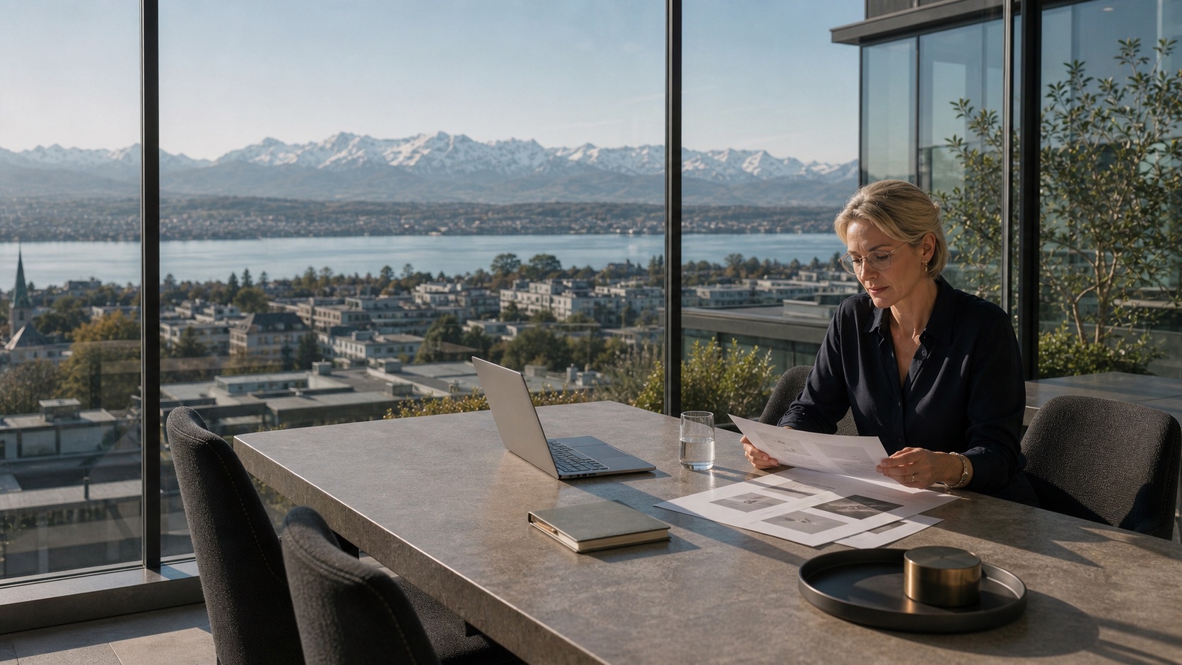 Marketingverantwortliche prüft AI-Content und Freigabeunterlagen im Zürcher Rooftop-Office