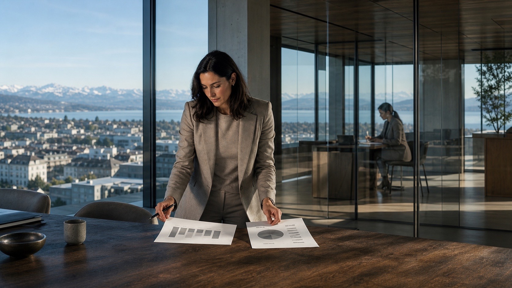 Marketingverantwortliche vergleicht Datenberichte im Lyo-Rooftop-Office über Zürich