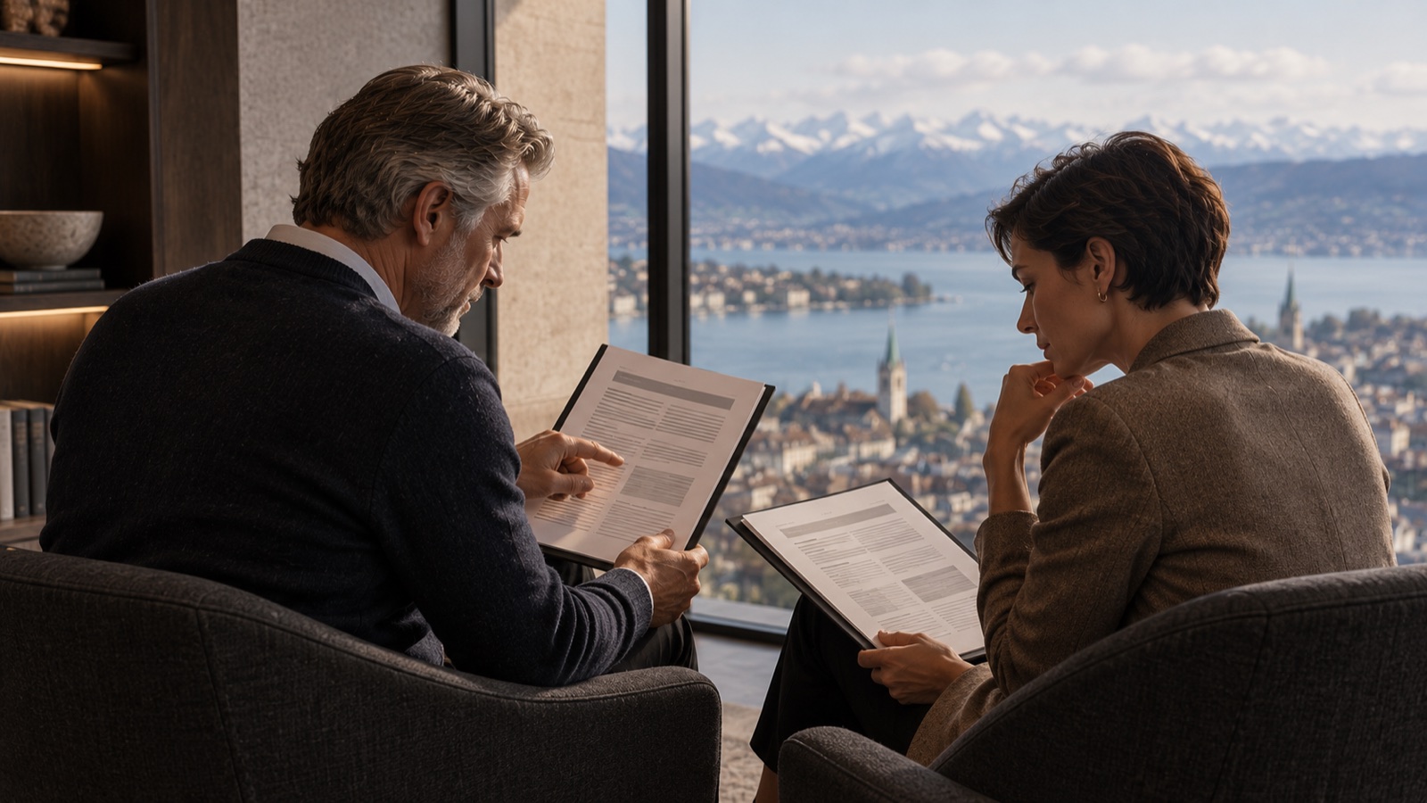 Ein Marketingverantwortlicher und eine Agenturleiterin vergleichen Unterlagen in einer Lounge mit Blick auf Zürich und den See