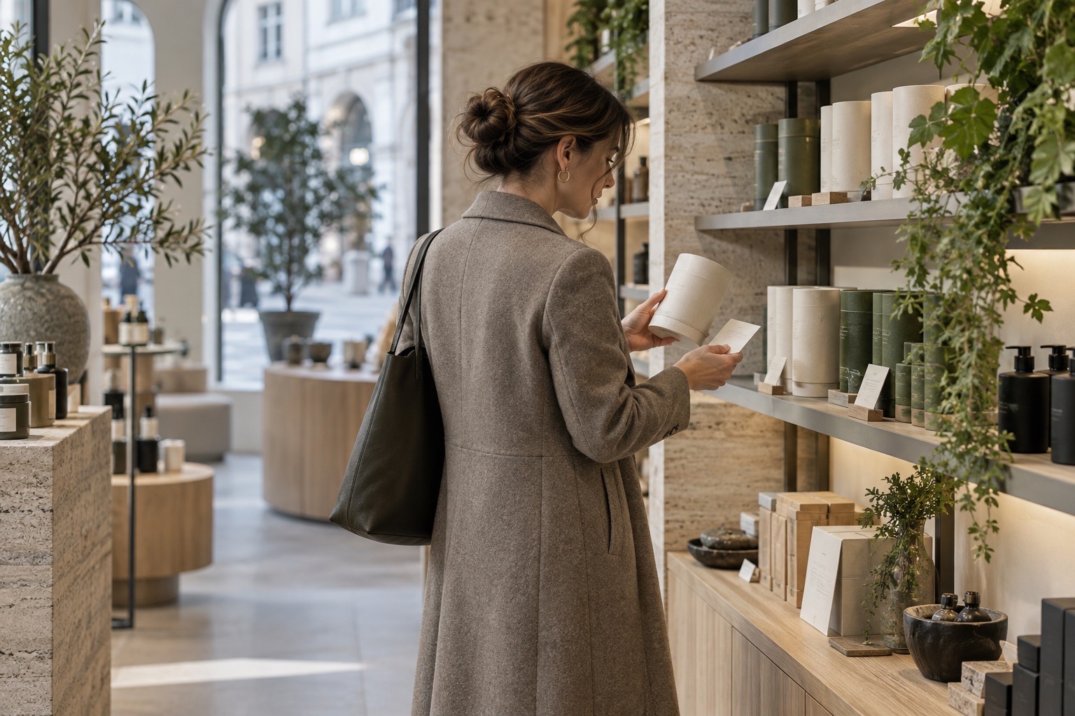 Markenverantwortliche prüft Produktinformation und unbranded Verpackung in einem Zürcher Premium-Retail-Umfeld