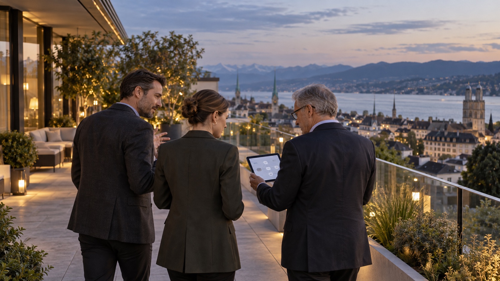 Drei Führungskräfte prüfen einen KI-Governance-Workflow auf einer Zürcher Dachterrasse