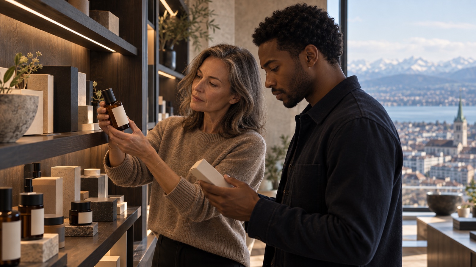 Eine Unternehmerin und ein Analyst prüfen Produktmuster einer Premiummarke in einem Zürcher Showroom