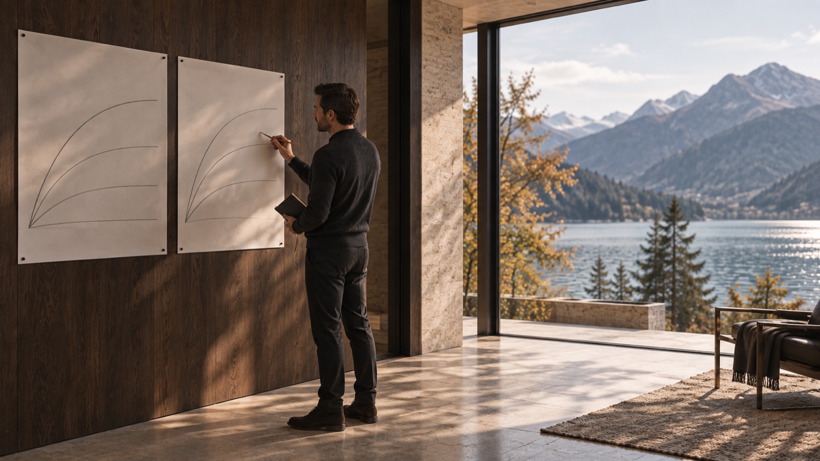 Ein Marketingverantwortlicher vergleicht Wirkungskurven an einer Holzwand in einem hellen Raum mit Seeblick